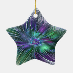 Purple Green Flower Modern Abstract Art Fractal Ceramic Ornament