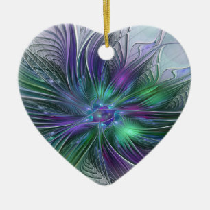 Purple Green Flower Modern Abstract Art Fractal Ceramic Ornament