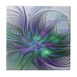 Purple Green Flower Modern Abstract Art Fractal Ceramic Tile