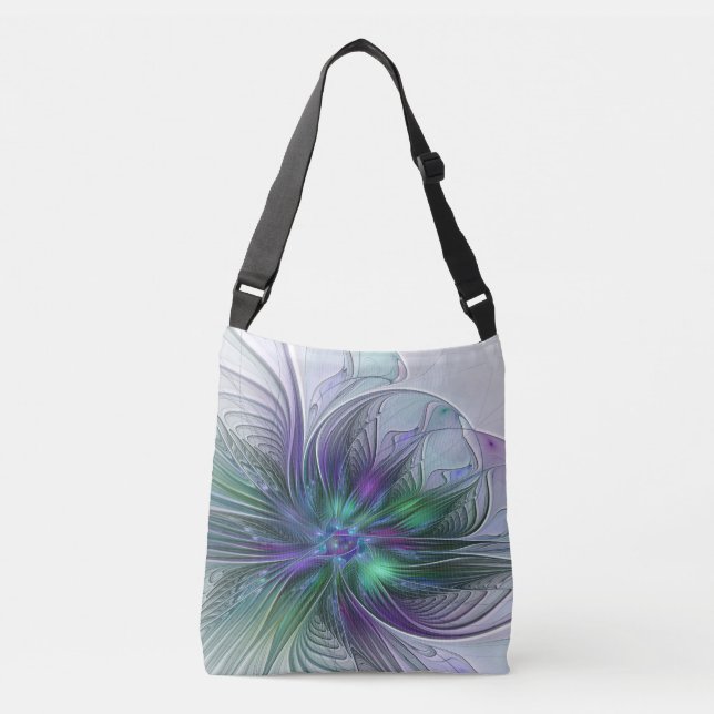 Purple Green Flower Modern Abstract Art Fractal Crossbody Bag (Front)