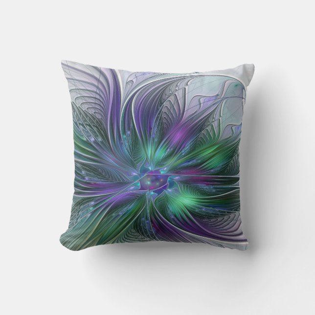 Purple Green Flower Modern Abstract Art Fractal Cushion (Front)