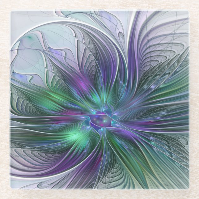 Purple Green Flower Modern Abstract Art Fractal Glass Coaster (Front)