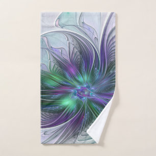 Purple Green Flower Modern Abstract Art Fractal Hand Towel