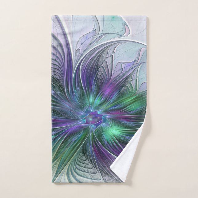 Purple Green Flower Modern Abstract Art Fractal Hand Towel (Hand Towel)