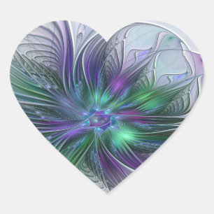 Purple Green Flower Modern Abstract Art Fractal Heart Sticker
