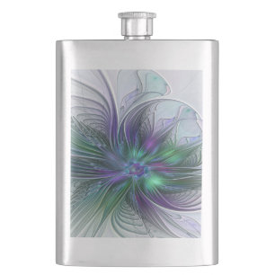 Purple Green Flower Modern Abstract Art Fractal Hip Flask