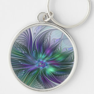Purple Green Flower Modern Abstract Art Fractal Key Ring