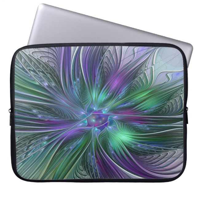 Purple Green Flower Modern Abstract Art Fractal Laptop Sleeve (Front)