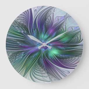 Purple Green Flower Modern Abstract Art Fractal Large Clock