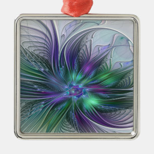 Purple Green Flower Modern Abstract Art Fractal Metal Ornament