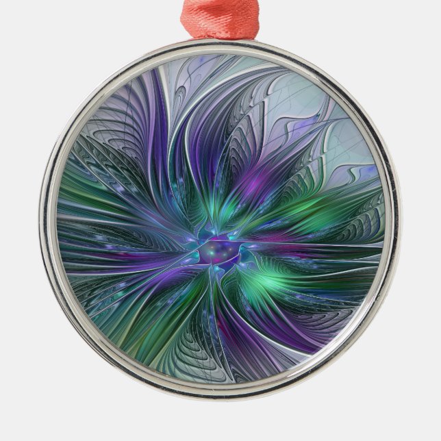 Purple Green Flower Modern Abstract Art Fractal Metal Ornament (Front)