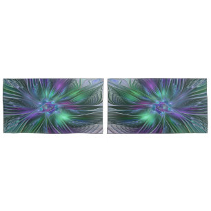 Purple Green Flower Modern Abstract Art Fractal Pillowcase