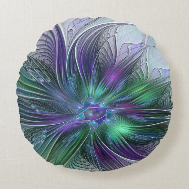 Purple Green Flower Modern Abstract Art Fractal Round Cushion (Front)