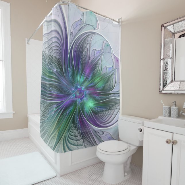 Purple Green Flower Modern Abstract Art Fractal Shower Curtain (In Situ)