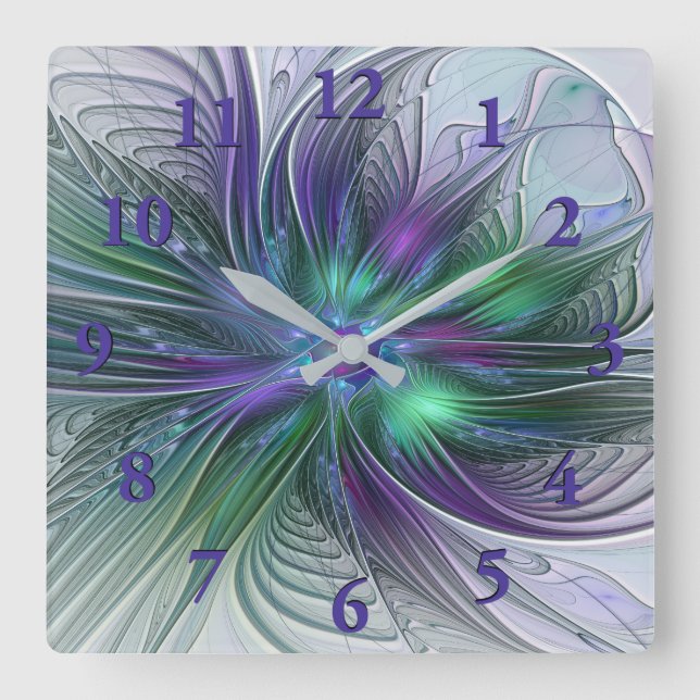 Purple Green Flower Modern Abstract Art Fractal Square Wall Clock (Front)