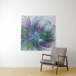 Purple Green Flower Modern Abstract Art Fractal Tapestry
