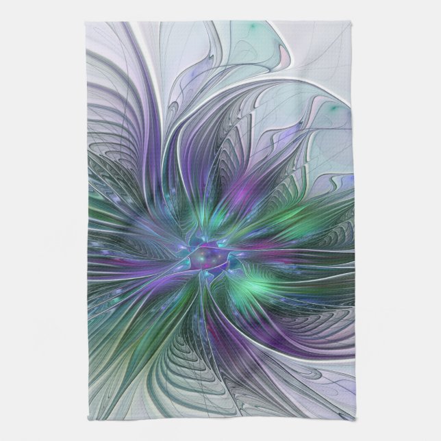 Purple Green Flower Modern Abstract Art Fractal Tea Towel (Vertical)