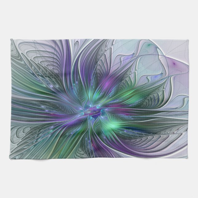 Purple Green Flower Modern Abstract Art Fractal Tea Towel (Horizontal)