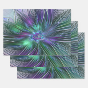 Purple Green Flower Modern Abstract Art Fractal Wrapping Paper Sheet
