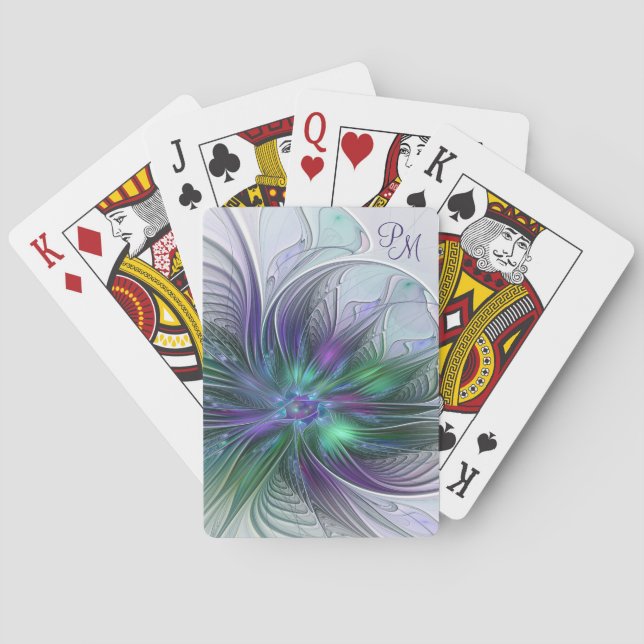 Purple Green Flower Modern Abstract Art Monogram Playing Cards (Back)