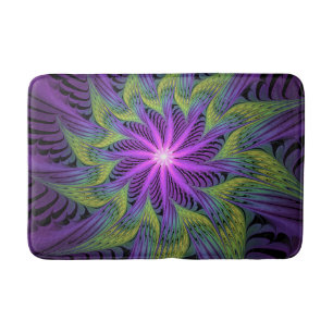 Purple Green Flower Modern Abstract Fractal Art Bath Mat