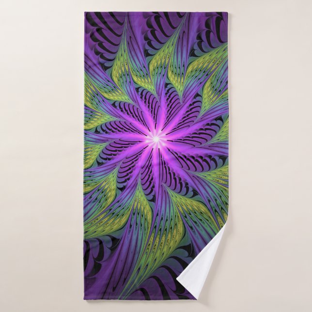Purple Green Flower Modern Abstract Fractal Art Bath Towel (Bath Towel)