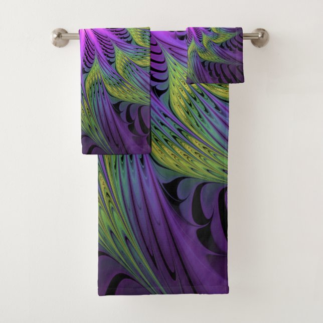 Purple Green Flower Modern Abstract Fractal Art Bath Towel Set (Insitu)