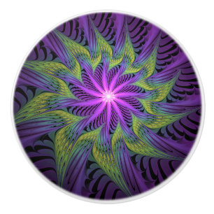 Purple Green Flower Modern Abstract Fractal Art Ceramic Knob