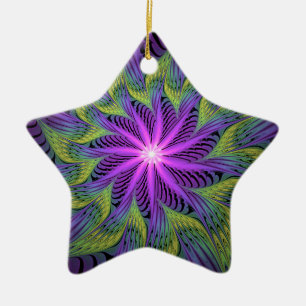 Purple Green Flower Modern Abstract Fractal Art Ceramic Ornament