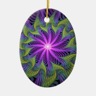 Purple Green Flower Modern Abstract Fractal Art Ceramic Ornament