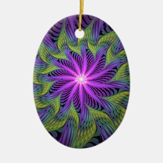 Purple Green Flower Modern Abstract Fractal Art Ceramic Ornament (Front)