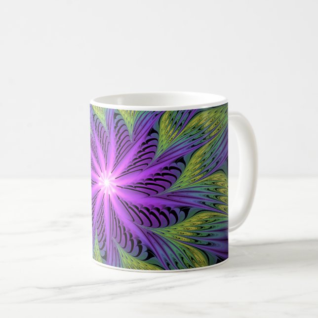 Purple Green Flower Modern Abstract Fractal Art Coffee Mug (Front Right)