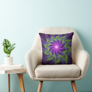 Purple Green Flower Modern Abstract Fractal Art Cushion
