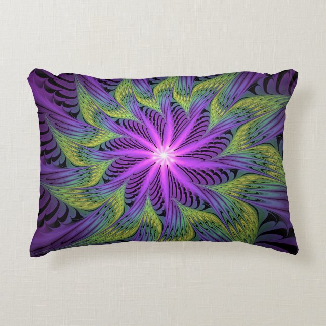 Purple Green Flower Modern Abstract Fractal Art Decorative Cushion (Front)