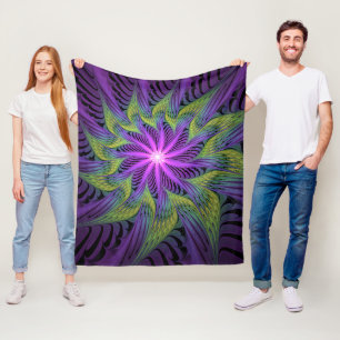 Purple Green Flower Modern Abstract Fractal Art Fleece Blanket