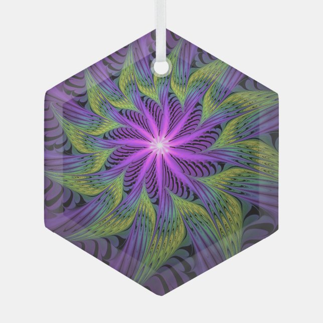 Purple Green Flower Modern Abstract Fractal Art Glass Tree Decoration (Front)
