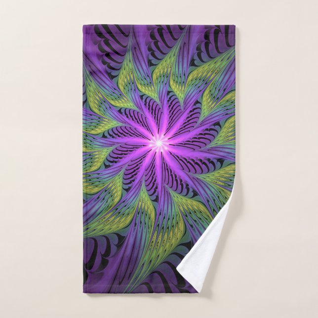 Purple Green Flower Modern Abstract Fractal Art Hand Towel (Hand Towel)