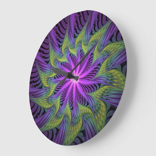 Purple Green Flower Modern Abstract Fractal Art Large Clock (Angle)