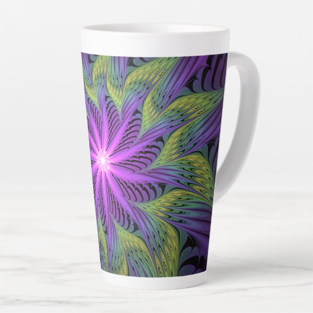 Purple Green Flower Modern Abstract Fractal Art Latte Mug (Right Angle)