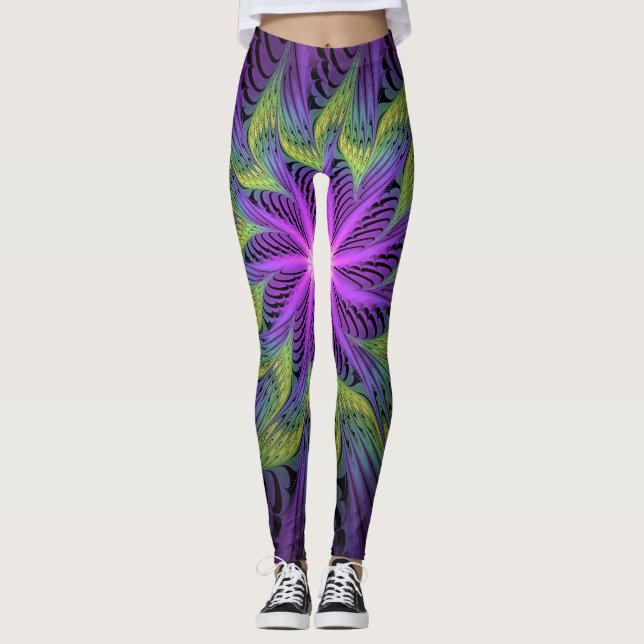 Purple Green Flower Modern Abstract Fractal Art Leggings (Front)