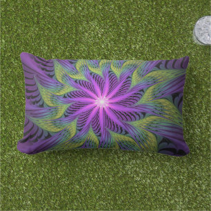 Purple Green Flower Modern Abstract Fractal Art Lumbar Cushion