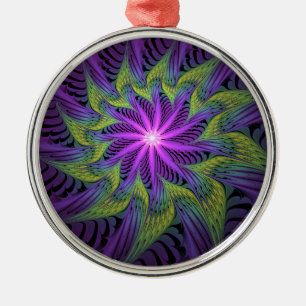 Purple Green Flower Modern Abstract Fractal Art Metal Ornament