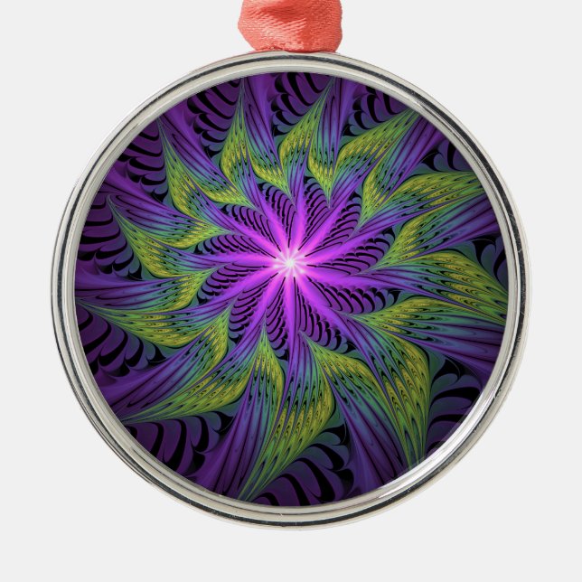Purple Green Flower Modern Abstract Fractal Art Metal Ornament (Front)
