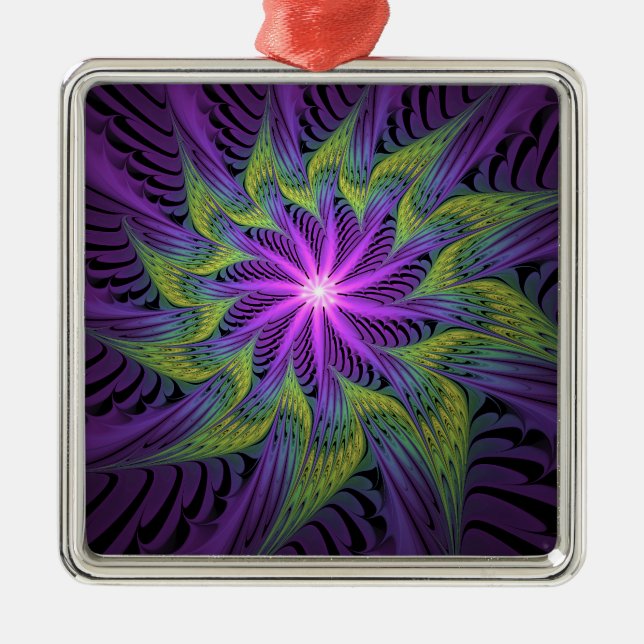 Purple Green Flower Modern Abstract Fractal Art Metal Ornament (Front)