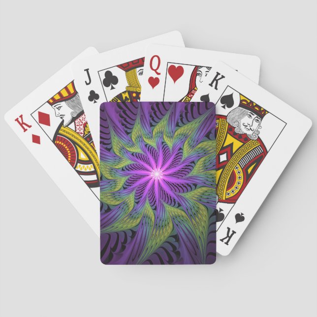 Purple Green Flower Modern Abstract Fractal Art Playing Cards (Back)