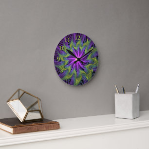 Purple Green Flower Modern Abstract Fractal Art Round Clock