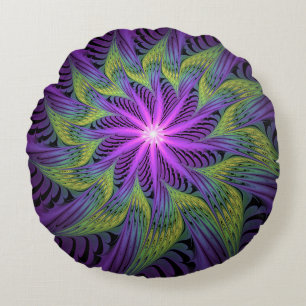 Purple Green Flower Modern Abstract Fractal Art Round Cushion