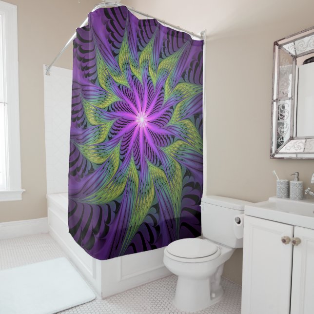 Purple Green Flower Modern Abstract Fractal Art Shower Curtain (In Situ)