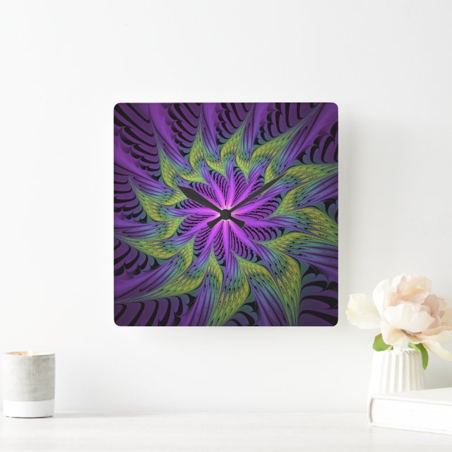 Purple Green Flower Modern Abstract Fractal Art Square Wall Clock (Home)
