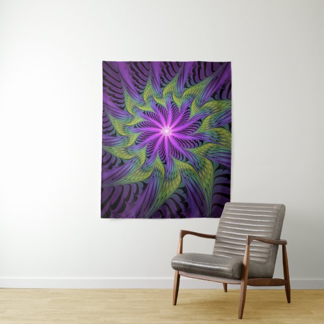 Purple Green Flower Modern Abstract Fractal Art Tapestry (In Situ)
